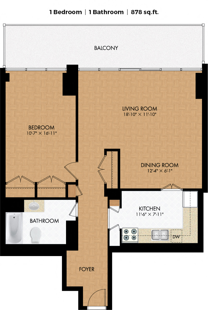 Floor plan for 1 bed, 1 bath, 878 sqft